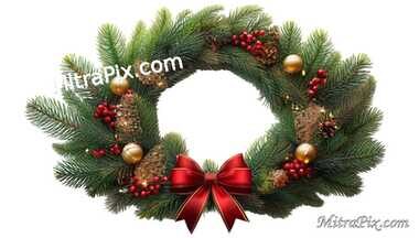 Festive Christmas Wreath with Bow and Ornaments Isolated on