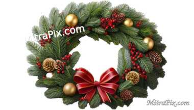 Festive Christmas Wreath with Bow and Ornaments Isolated on
