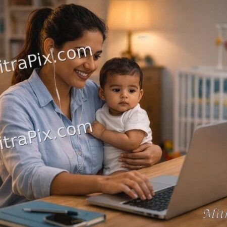 Indian Working Mother Balancing Remote Job and Childcare at Home