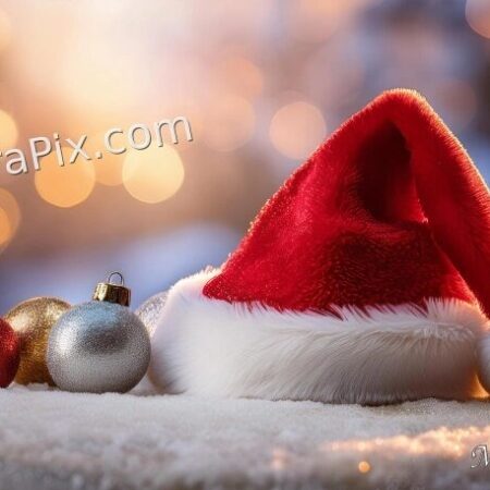 Santa Hat with Colorful Christmas Baubles on Snowy Surface 1