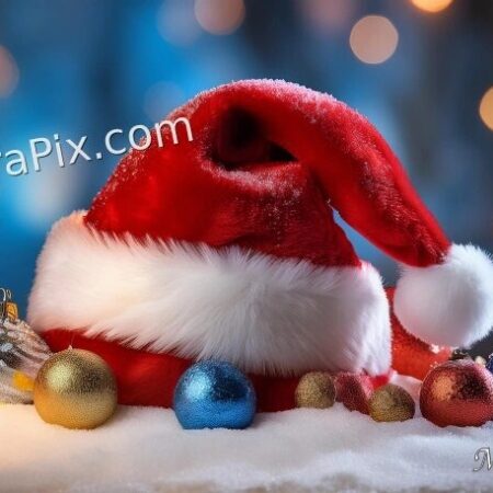 Santa Hat with Colorful Christmas Baubles on Snowy Surface