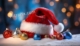 Santa Hat with Colorful Christmas Baubles on Snowy Surface